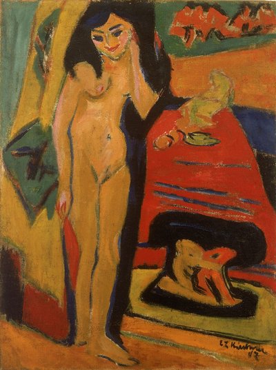 Naakt meisje achter gordijn door Ernst Ludwig Kirchner